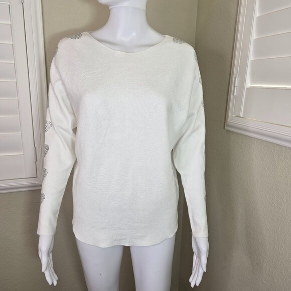 LIV Milano White Knit Sweater Shirt with Rhinestone Hearts - Picture 1 of 6